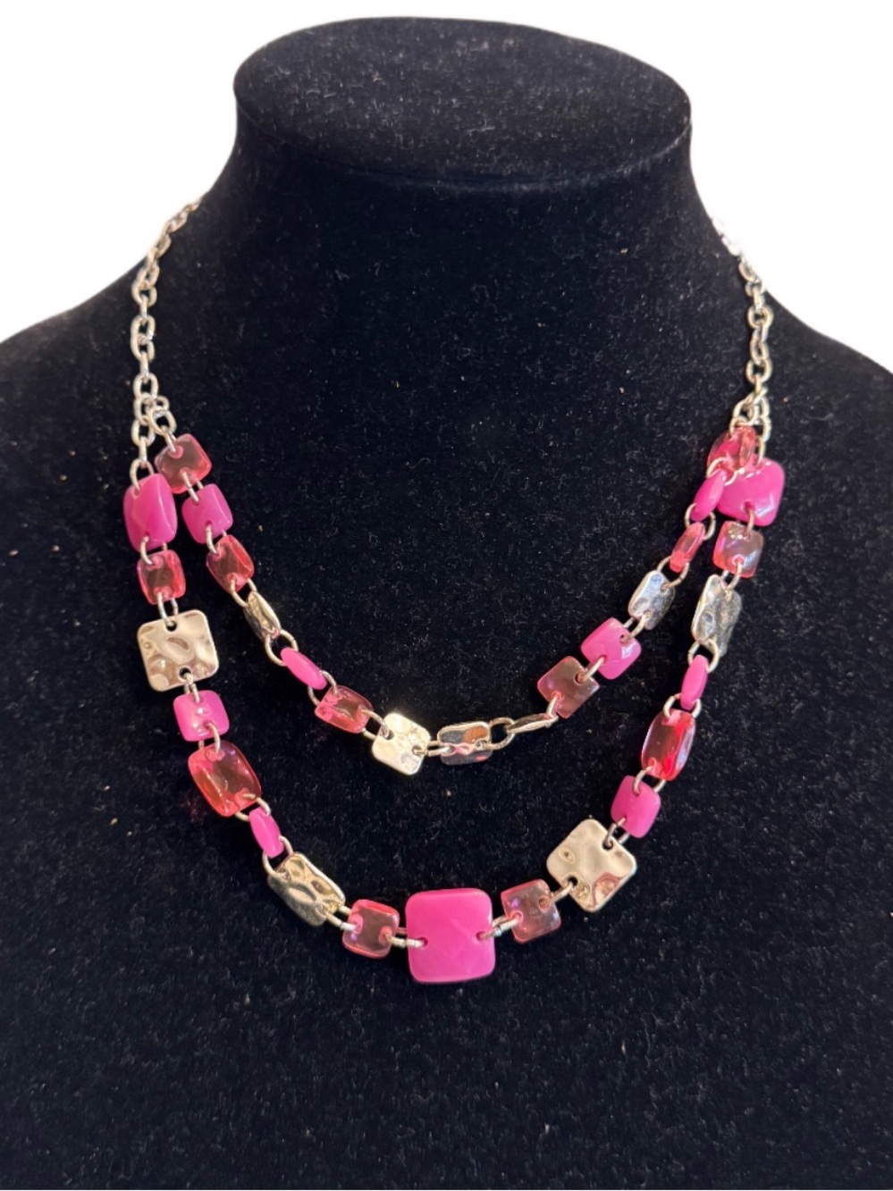 Swarovski Statement Necklace Pink and Silver Tone Double Strand Hammered Beads